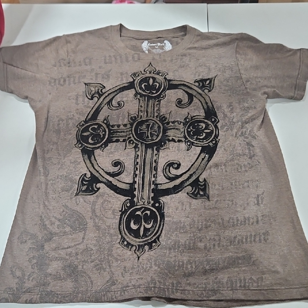 Carbon Black T Shirt Brown Graphic T-Shirt with Cross Design SizeM